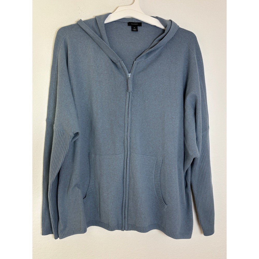 Halogen Womens Blue Zip Up Hooded Sweater Ribbed Sleeve Oversized Medium